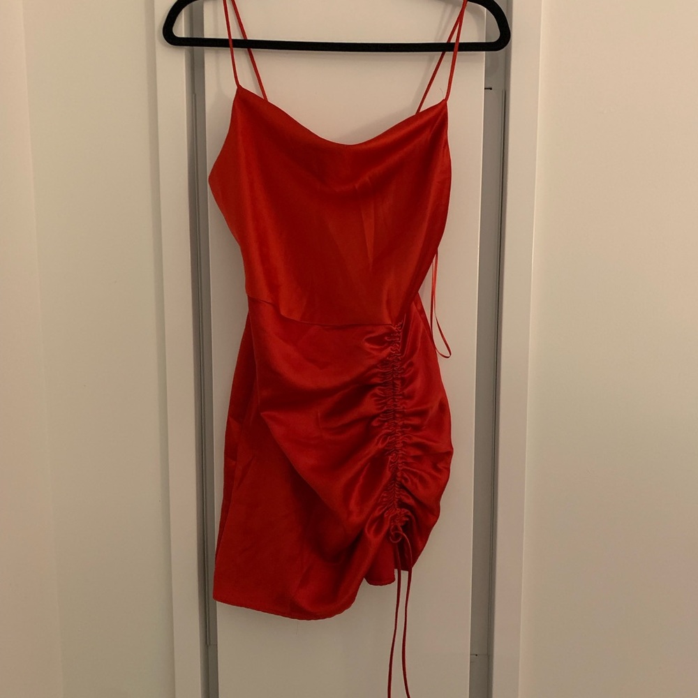 Zara Bright Red Satin Slip Dress with Spaghetti Straps